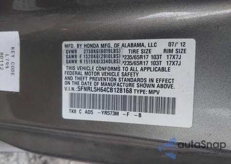 2012 Honda Odyssey Ex-L z USA, uszkodzony, nr VIN 5FNRL5H64CB128168
